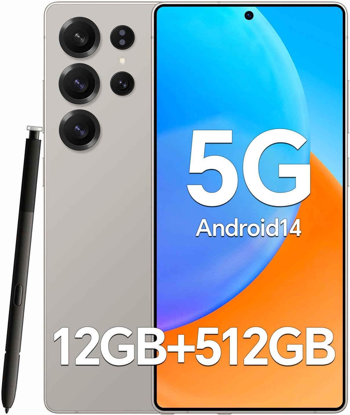 Unlocked Cell Phone C25 Ultra 5G,12+512GB Memory Android Phone, 6800mAh Battery,108MP+48MP Camera, Android 14 Smartphone, 6.9HD Screen, Build in Pen, Dual SIM/Face ID/Fingerprint Lock/GPS/(Grey)