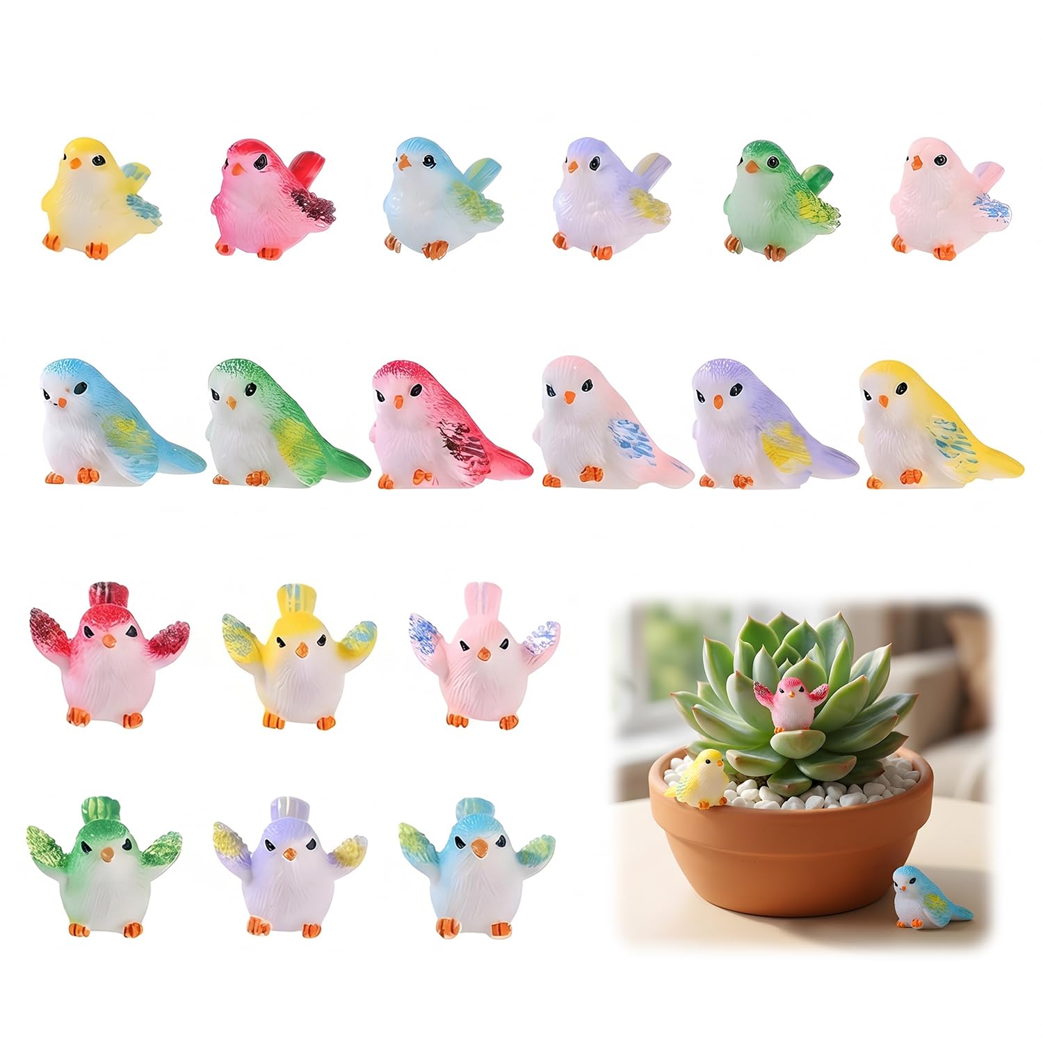18Pcs Tiny Resin Birds Figurines Set, Colourful Bird Ornaments with 3 Poses, Waterproof Miniature Garden Decorations, Kawaii Bird Figures for Fairy Garden, Micro Landscape and Table Decor