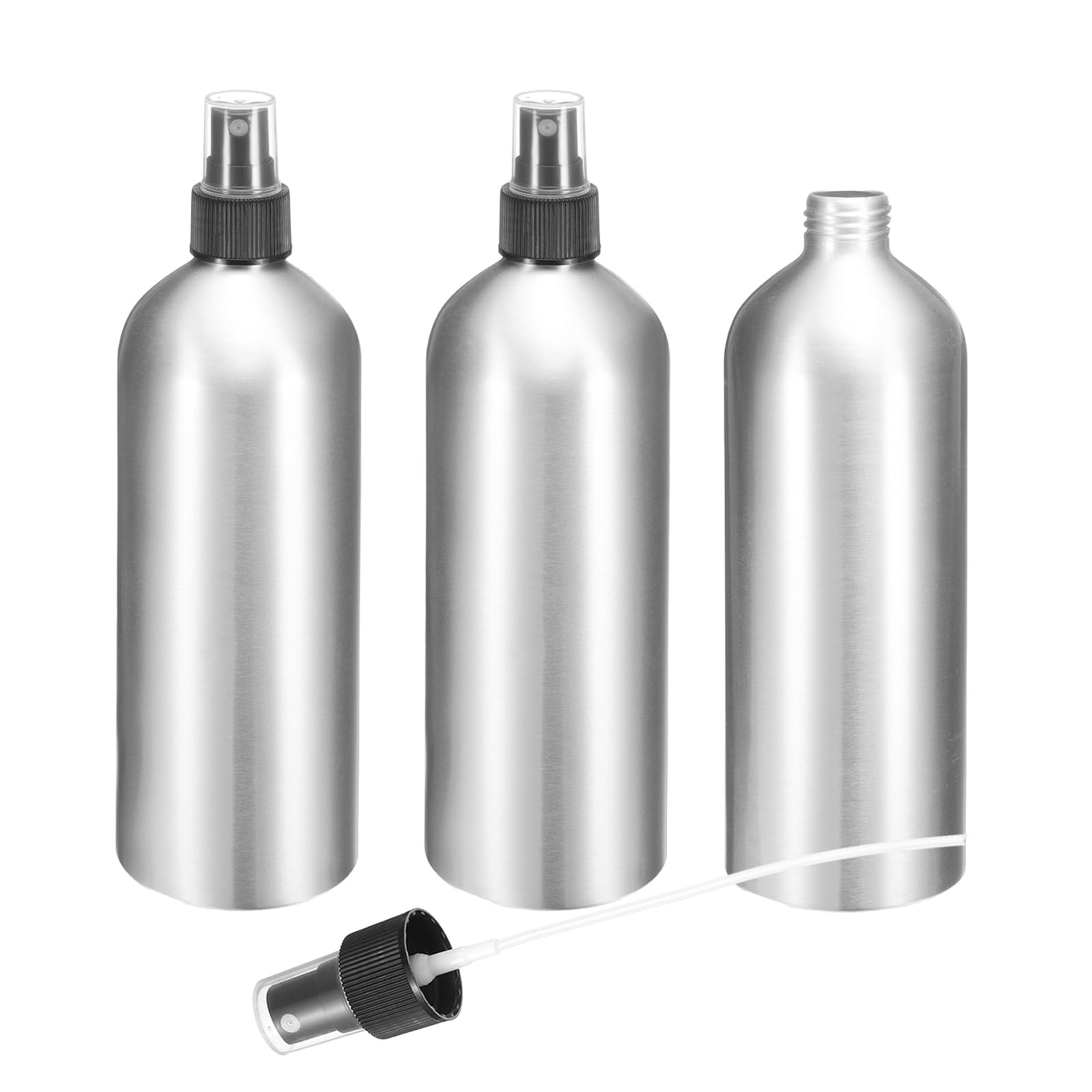 HARFINGTON 3 x Aluminium-Sprühflaschen mit feinem Nebel, 500 ml, Metall, klein, nachfüllbar, Reisebehälter mit schwarzem Kunststoff-Düsendeckel für Parfüm, Hautpflege, Kosmetik, Aufbewahrungsflasche