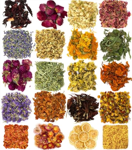 20 Packungen Arten Bl&uuml;ten Trockenblumen f&uuml;r Seife Getrocknete Bl&uuml;ten Getrocknete Bl&uuml;tenbl&auml;tter Kr&auml;uter Kit Lavendel Rose Lily Jasmin...f&uuml;r DIY Handwerker Harz Kunst Bad Bomben Seife Kerze Machen.