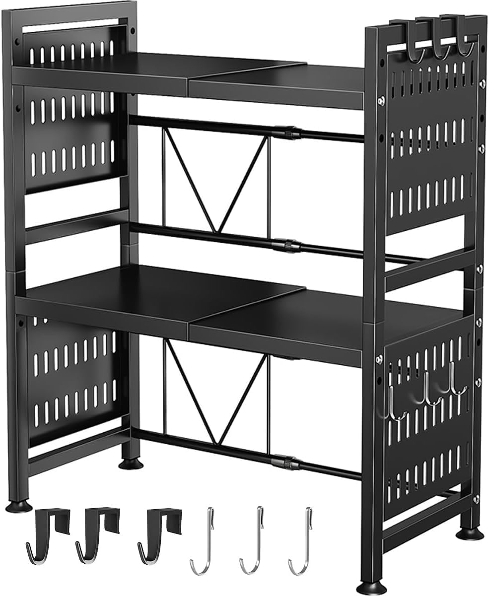 Microwave Shelf, Expandable Microwave Oven Rack, Upgraded Adjustable Shelf with 6 Hooks Duty Extendable Microwave Shelf 3-Tier Shelf for Kitchen Shelves Counter Top Organizer