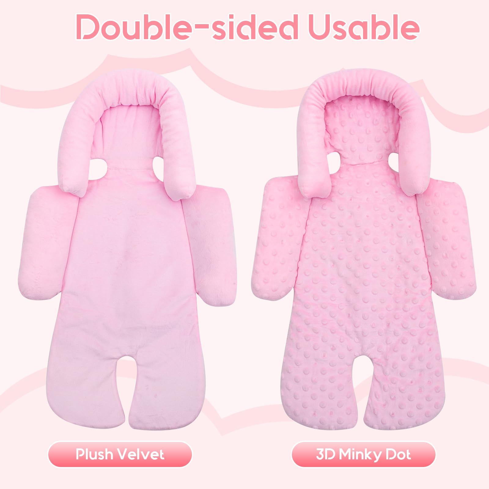 Inserto de asiento de automóvil para bebé con 3 fundas de correa adicionales, soporte grueso para la cabeza y el cuerpo para bebés, cojín reversible para asiento de coche para niños y niñas, inserto