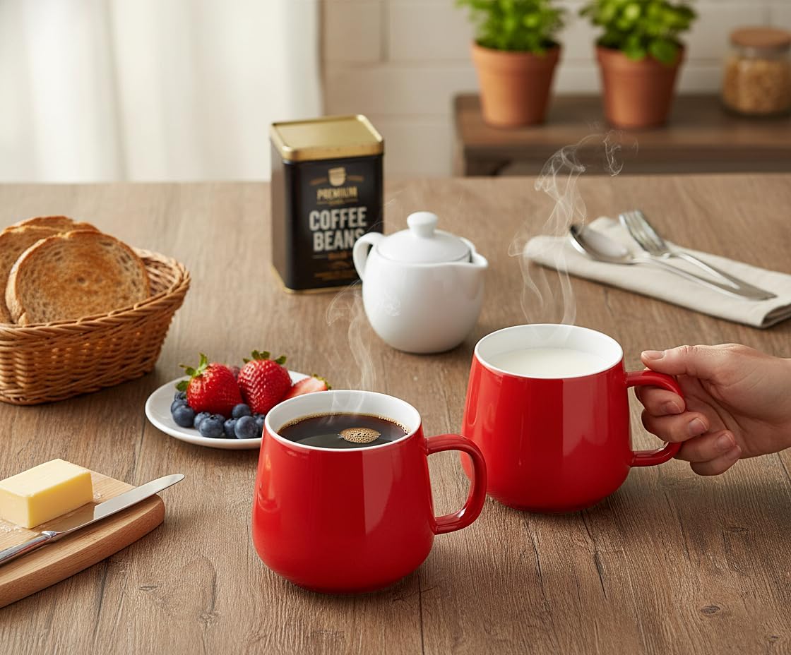 Teocera Coffee Mugs Set of 6-12oz Chip-Resistant Ceramic Cups with Ergonomic Handle | Dishwasher & Microwave Safe Red Mugs | Keeps Beverage Hot, Perfect for Family Kitchen & Holiday Gifts