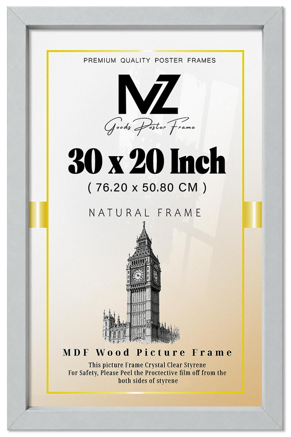 MZ GOODS | Modern Light Grey 30 x 20 Inch Poster Frame - 762 x 508 mm Engineered Wood | Easy Installation with Clips & Hangers (76.20 x 50.80 CM) [ Light Grey ]