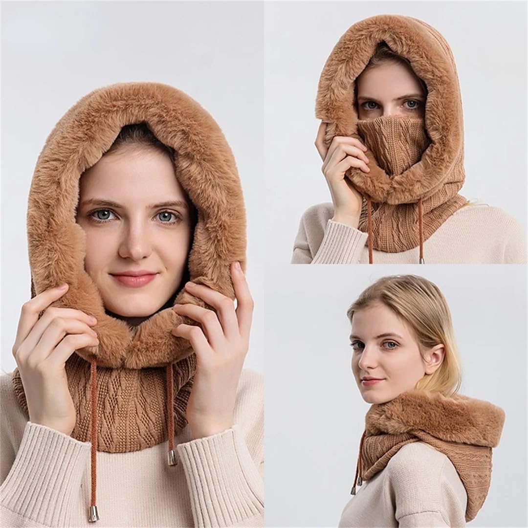 Gorro Con Pelo De Invierno Para Mujer, Conjuntos De Máscara Con Capucha, Tejido Cálido Para Esquí Al Aire Libre, A Prueba De Viento, Gorros Gruesos De Felpa Esponjoso, Estilo Ruso