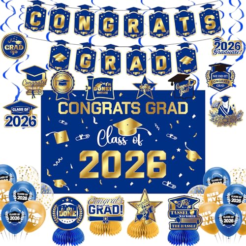 Graduation Decorations 2026 Blue Gold Themed Set - Congrats Grad Banner, Class of 2026 Backdrop, Balloons & Streamers Kit - Complete Party Supplies for High School & College Celebrations