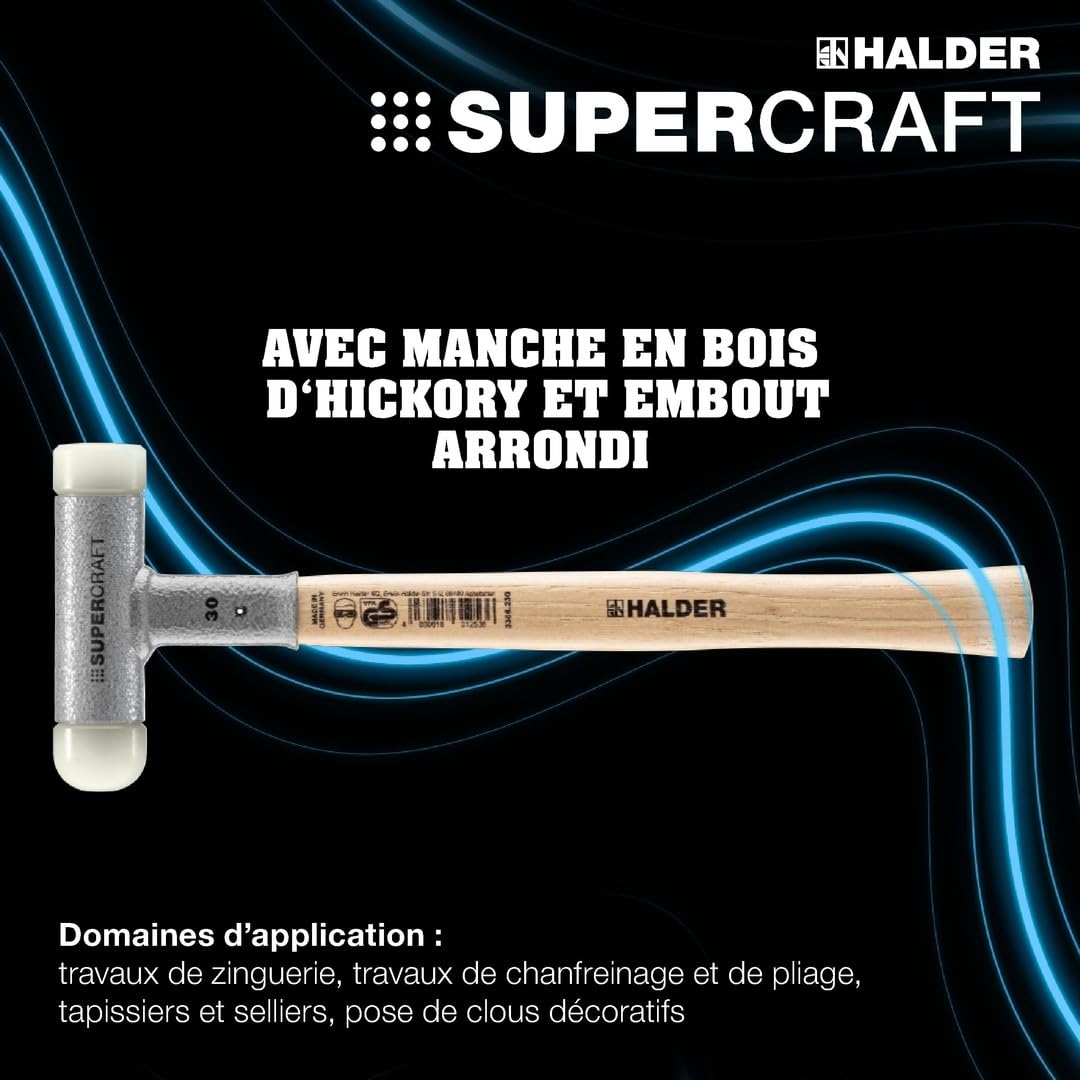 Maillet SUPERCRAFT, Avec manche en hickory verni, amortissant les vibrations et ergonomique et embout arrondi | D=25 mm | 3366.225