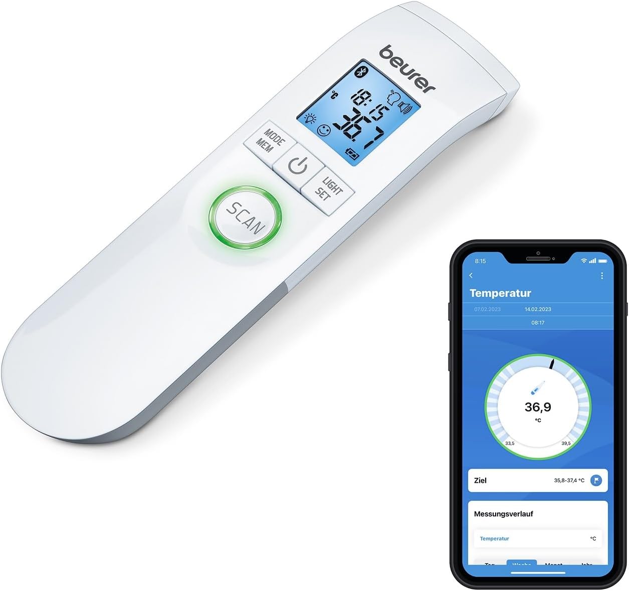 Beurer FT95 Contactless Thermometer with Bluetooth & Free App To Measure And Monitor Temperature, With Fever Alert Function And In-Built Memory To Store Your Last 60 Readings
