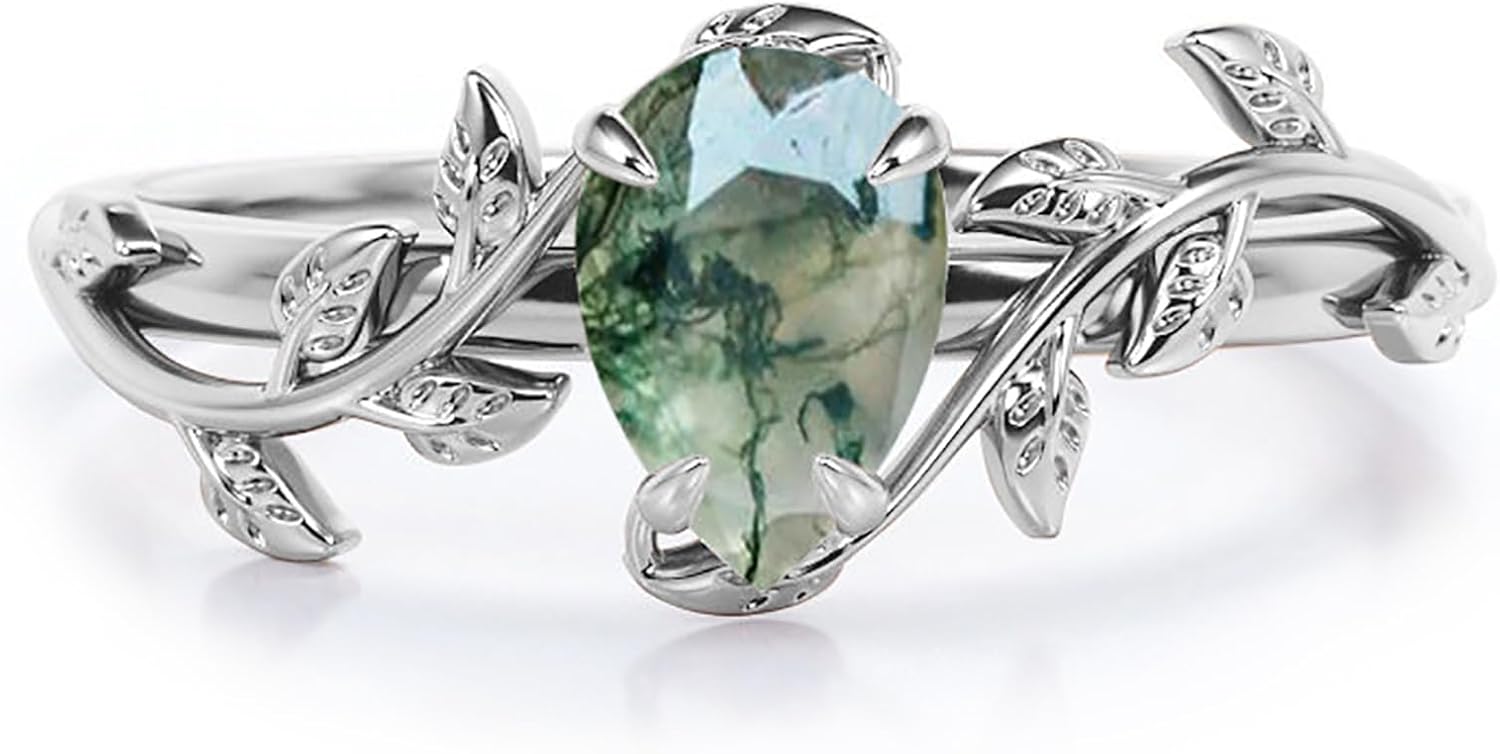 Natural Moss Agate Engagement Rings for Women 925 Sterling silver Vintage Moss Agate Rings for Her with Free Engraving-9