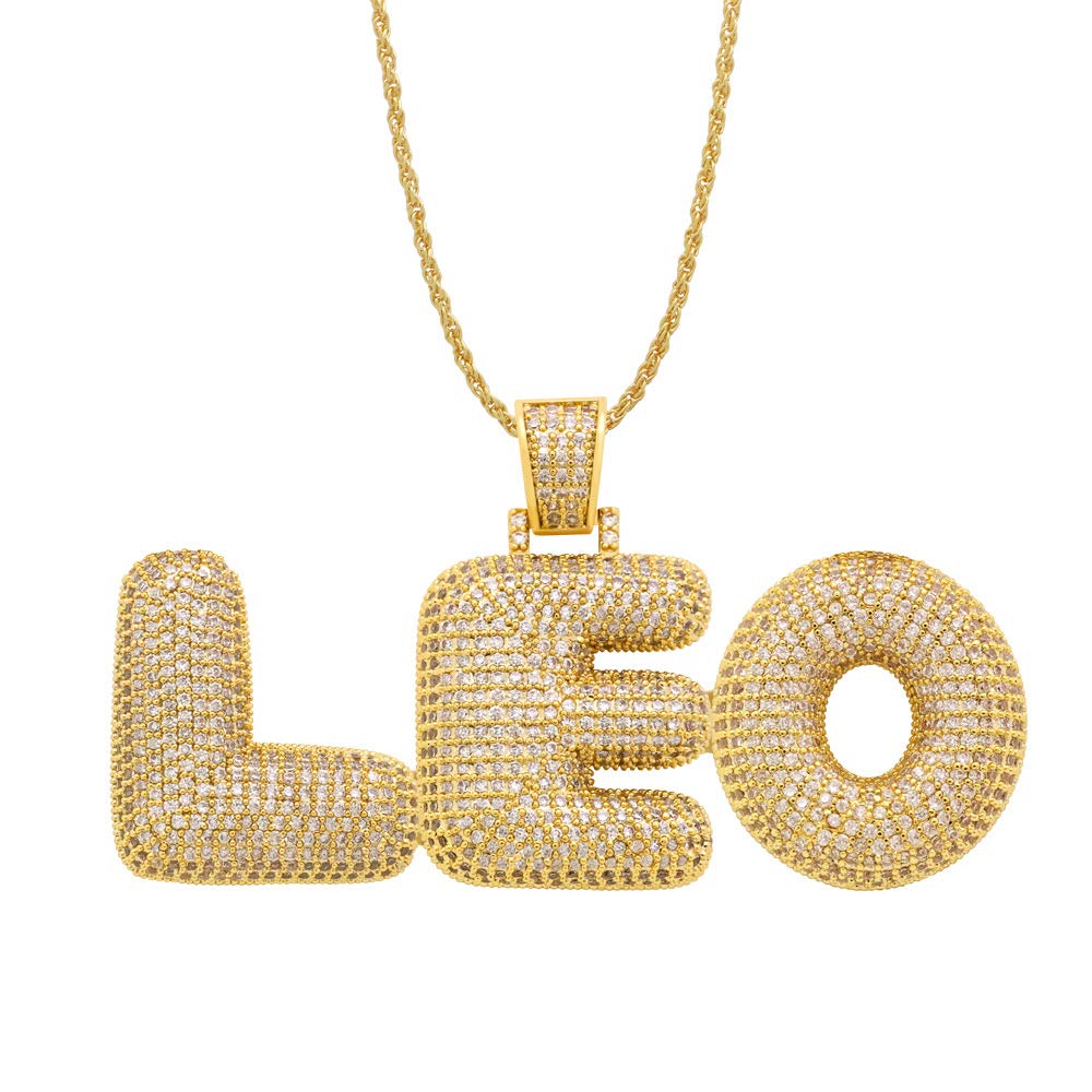 POSHFEEL Iced Out Lab Premium Simulated Diamond Bling Bubble Letters Pendant Necklace Chain Men Hip 
