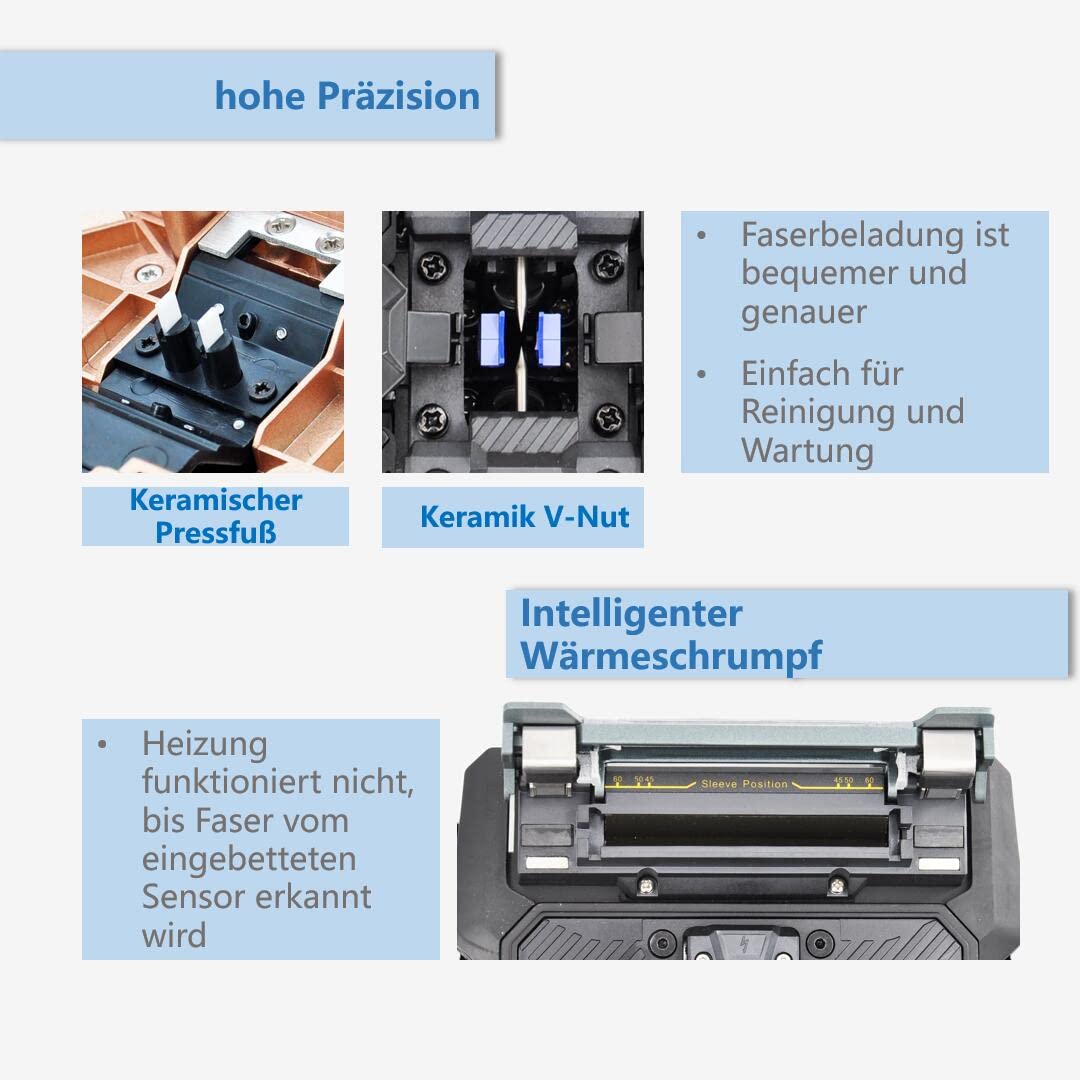 Glasfaser Spleißgerät Fusion Splicer, LWL Spleißgerät mit 4,3-Zoll-Touchscreen, Glasfaser-Spleiß-Kit mit 4 Motoren und großem Akku für FTTH