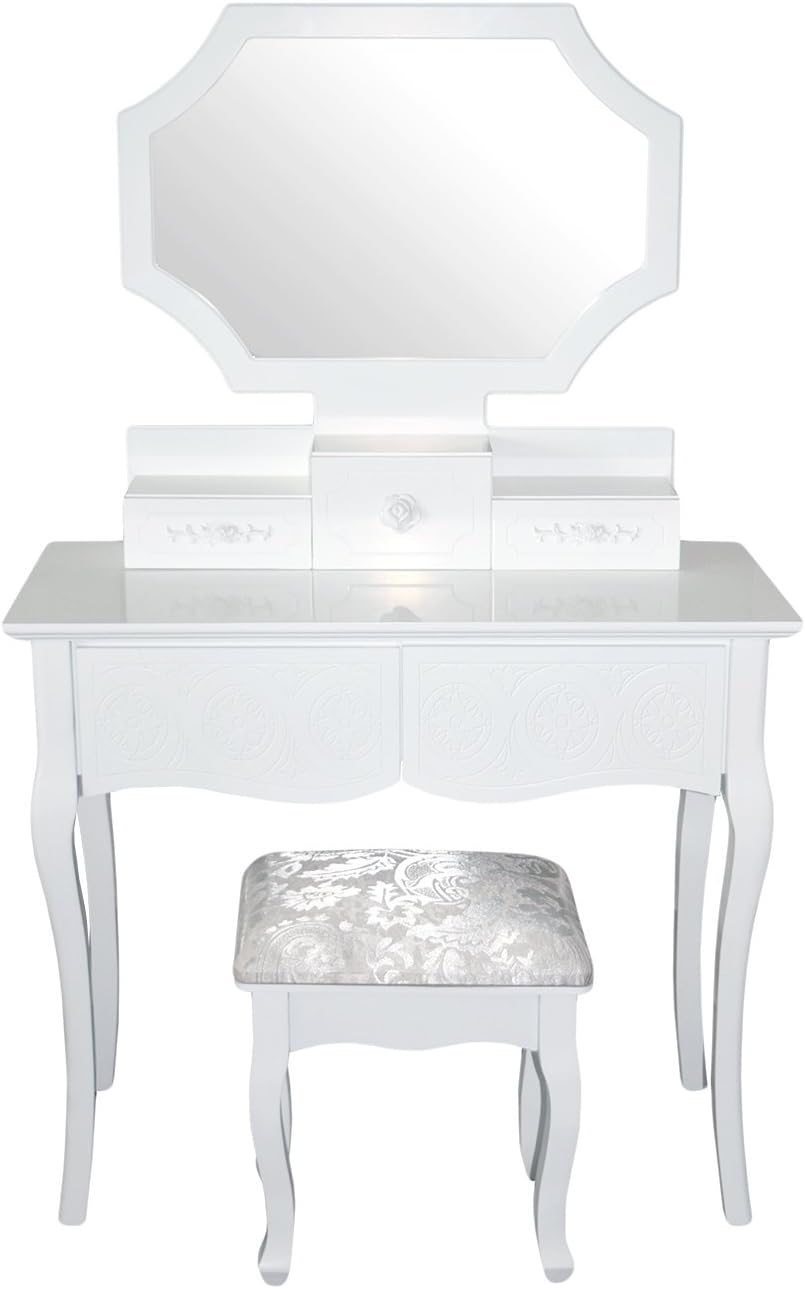 Rebecca srl Vanity Table Dressing Table 5 Drawers 1 Padded Chair 1 Mirror Wood White Classic Style Bedroom Sitting Room (Cod. 0-1802 1/2)
