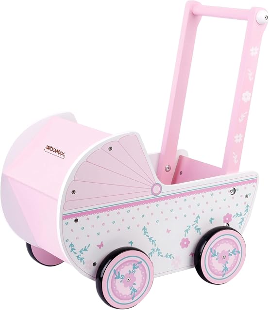 WOOMAX Wooden, 26.5x39x46 cm, Pink and White, with Wheels, for 30-40, Baby Toy cart 3 Years, Strollers for Dolls (46475), Carrito