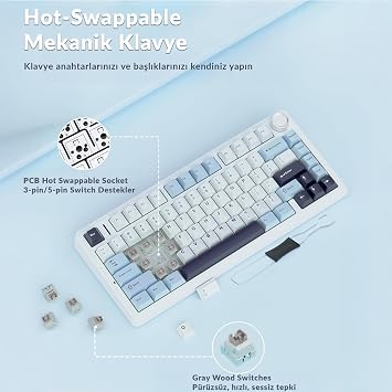 Aula F75 Mechanical RGB TKL GrayWood V4 Switch Wireless Macro Hot Swap Turkish Q Keyboard Ice Blue