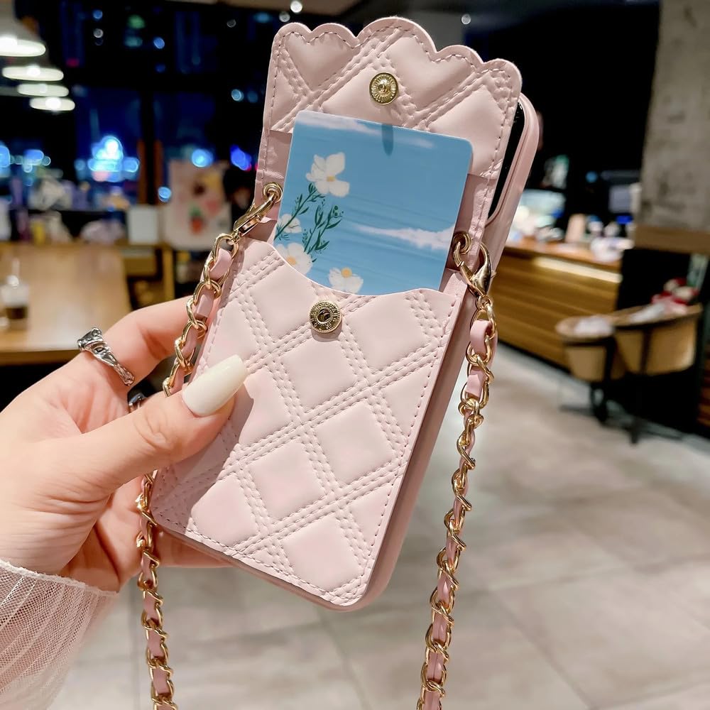 z damskim lustrem do makijażu etui na karty pasujące do iPhone 15 Pro Max 14 13 12 11 odpinany pasek na ramię etui na telefon, różowy, do iPhone 14 Pro