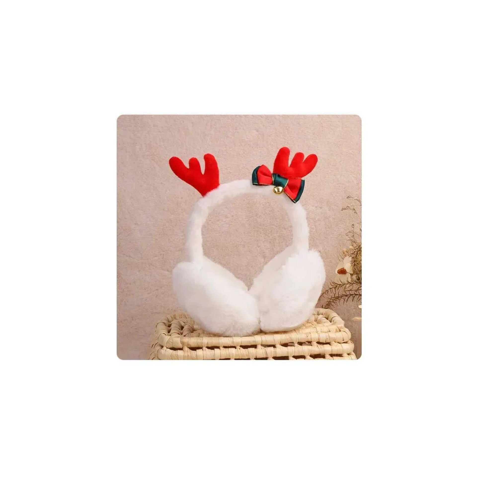 Christmas Reindeer Earmuffs, White Plush with Red Antlers, Festive Winter Ear Warmers with Decorative Green Bow and Bell-image-31