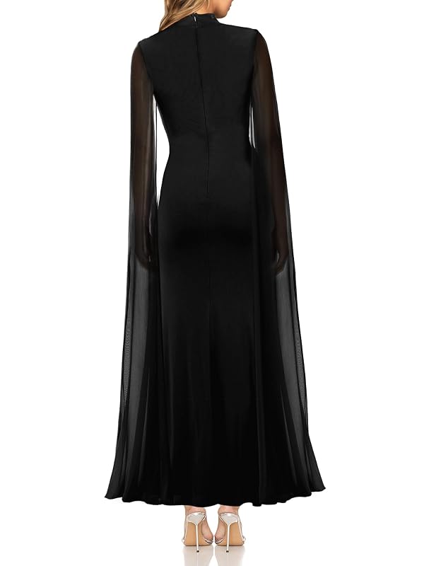 MAYFASEY Women's Mother of Bride Dresses Cape Sleeve High Split Bodycon Ruched Cocktail Wedding Guest Maxi Dress Halloween Dress Black XXL by MAYFASEY - Used condition - Image 3