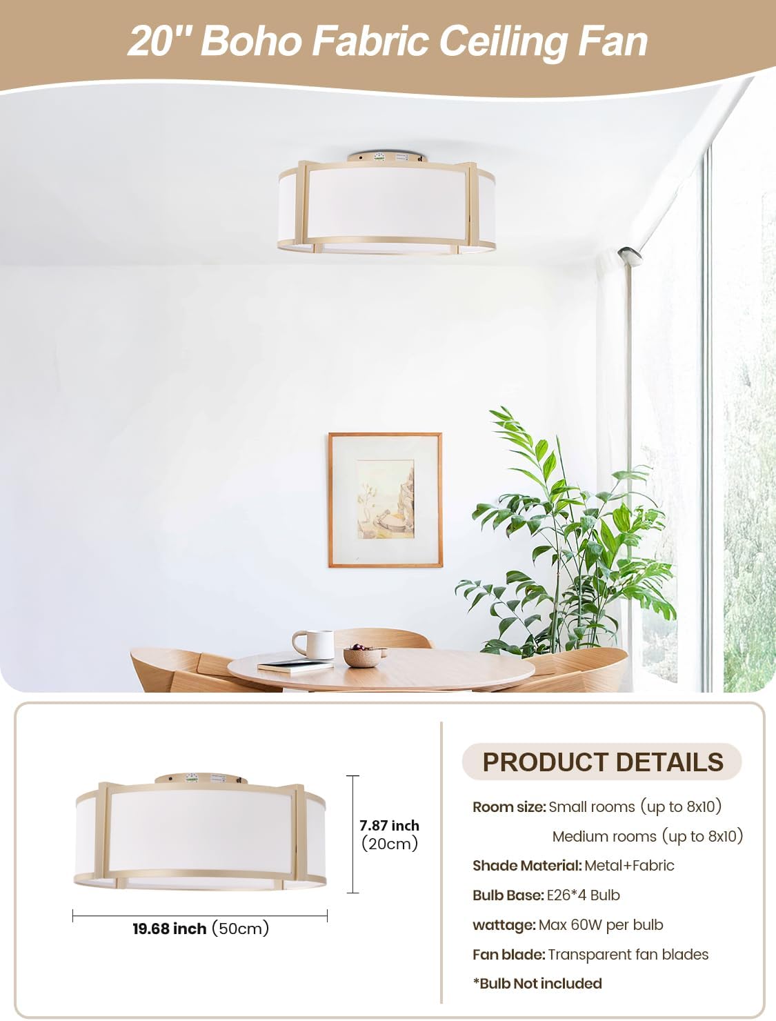 Gold Caged Ceiling Fan with Light, 20" Flush Mount Boho Ceiling Fans with Lights Remote Control, Low Profile Fabric Bladeless with 6 Speeds for Bedroom, Nursery, Living Room