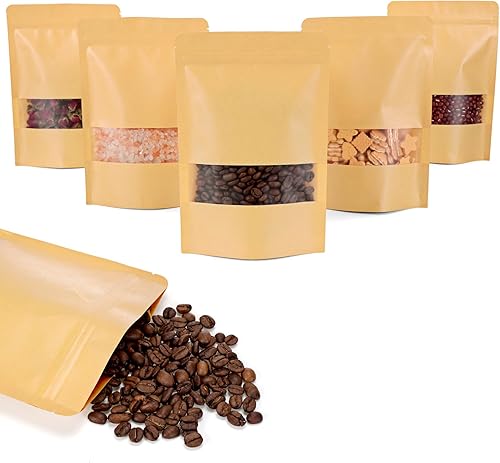 Moretoes 120 bolsas de papel kraft con ventana, bolsas resellables marrones, bolsas de pie de 5.9 x 8.6 pulgadas, bolsas de café, bolsas sellables