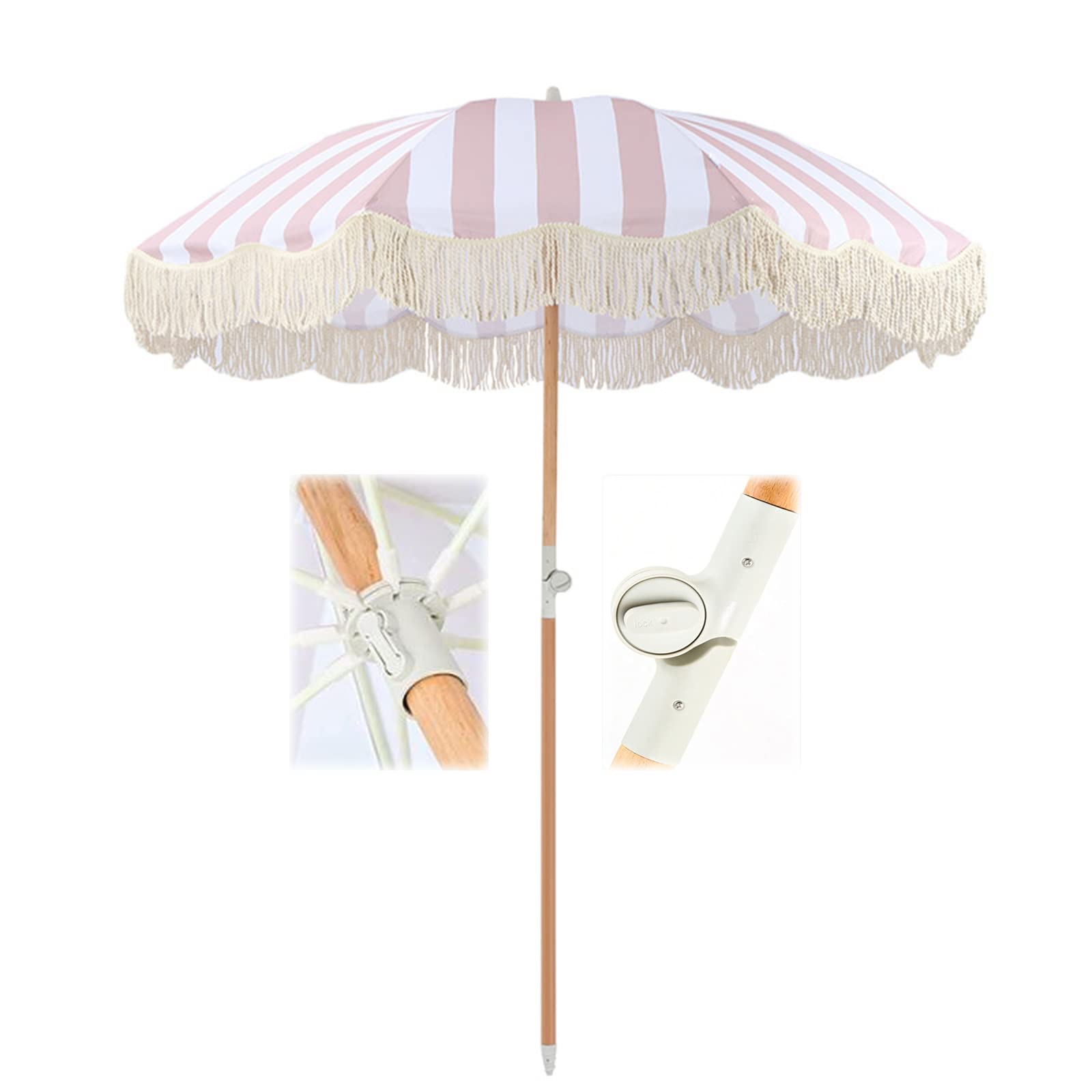 XJBTBA Parasol ogrodowy w paski, parasole tarasowe 2 m/6,5 stopy, parasol z frędzlami w stylu vintage, parasol ogrodowy, parasol wakacyjny, zewnętrzny parasol plażowy z funkcją odchylania, 8 żeber,