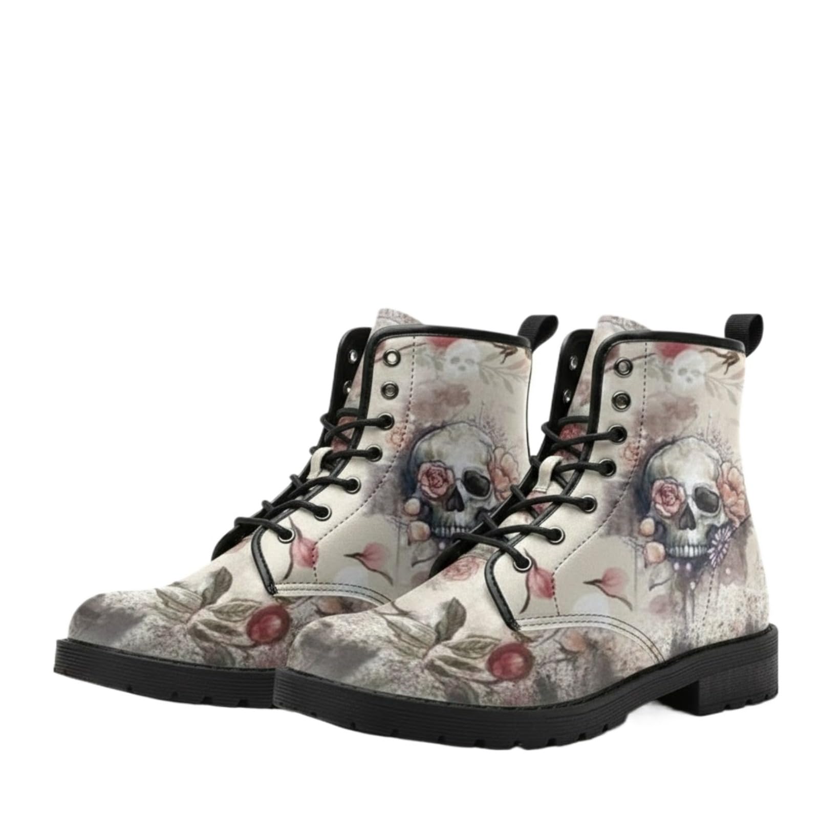 Womens Gothic Skull Floral Combat Boots Vegan Leather Ankle Booties Lace Up Low Heel Walking Shoes for Festival