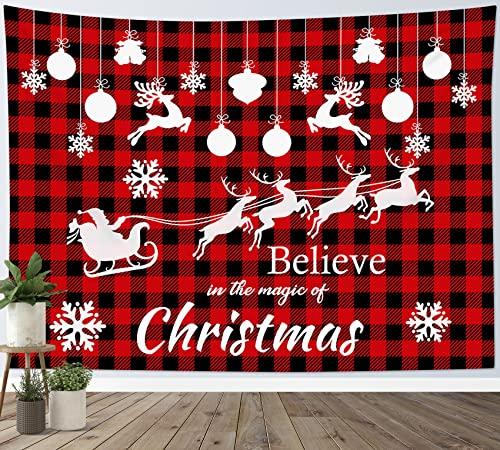 Hvest Christmas Tapestry Wall Hanging Santa Claus Elk And Xmas Balls On Black And Red Plaid Tapestries Winter Snowflake Decorative Blanket For Bedroom Living Room Dorm Party Wall Decor, 60X40 Inches #TOP22