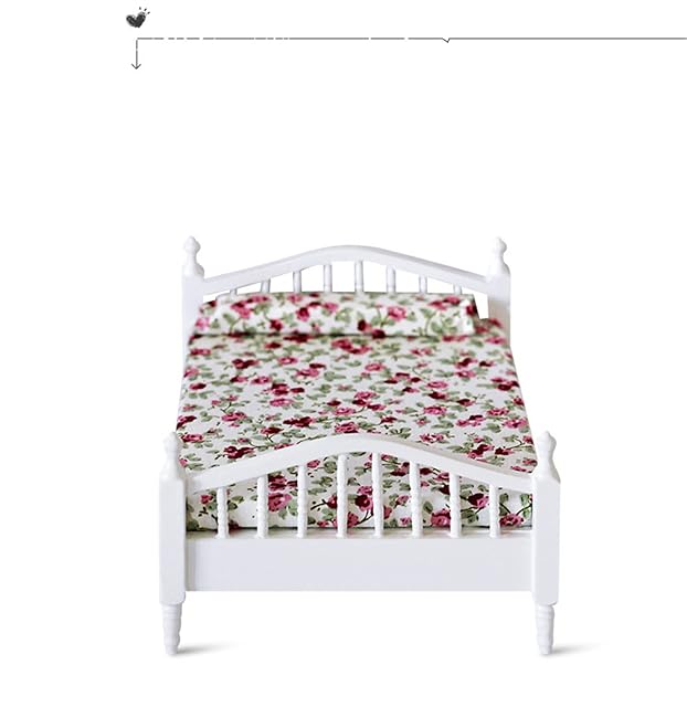 Foto 2 de 7 de WANGCL Cama de muñecas 1/12 cama doble en miniatura de madera muebles de casa de muñecas - diseño floral