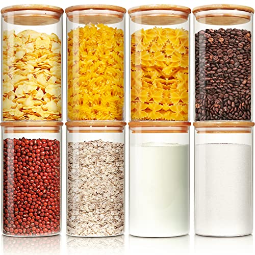 Glass Jars with Bamboo Lids 34 FL OZ [Set of 8], Glass Canisters with Airtight Lids, Glass Food Storage Containers for Pasta, Oats, Coffee, Flour, Sugar, Rice, Best for Kitchen & Pantry