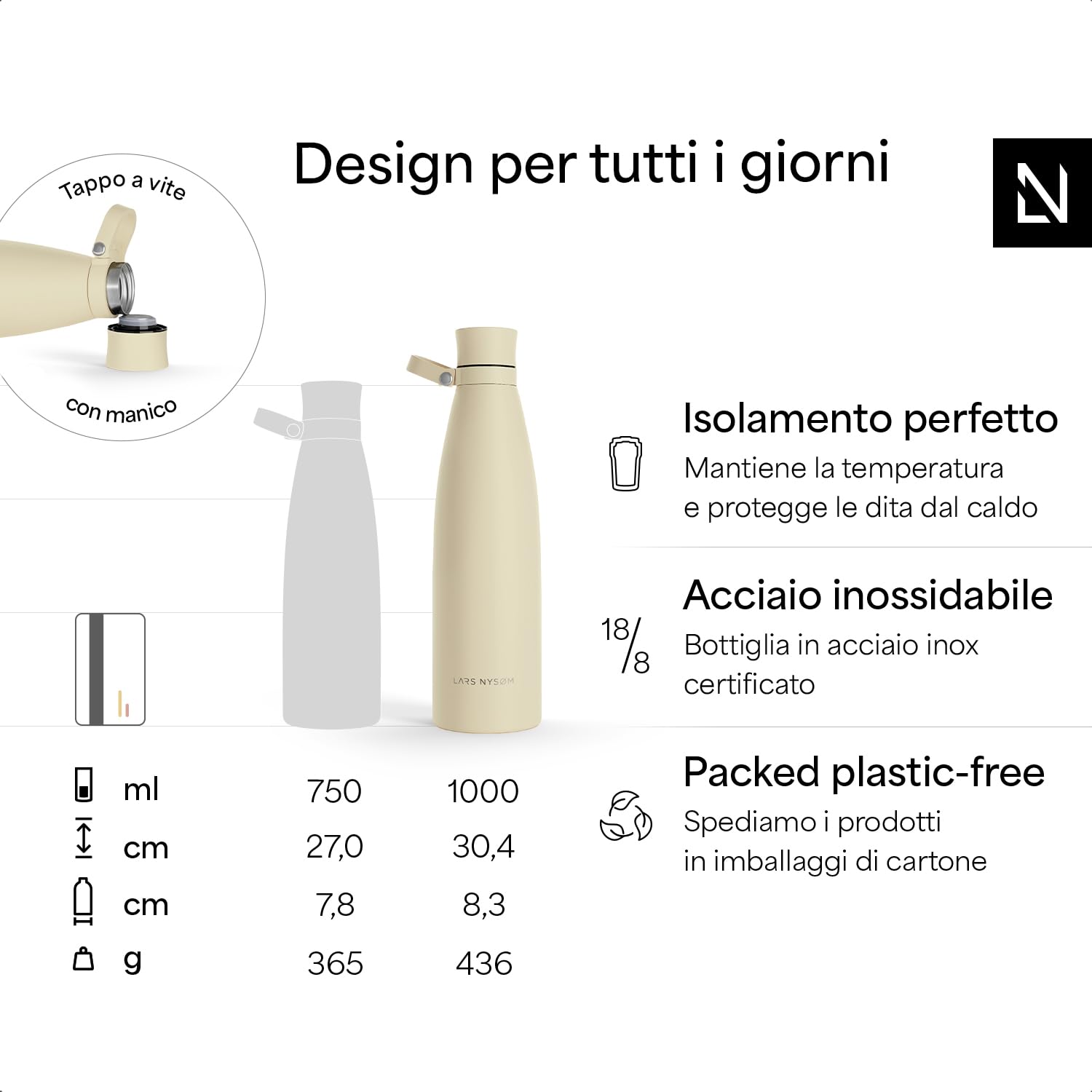 LARS NYSØM Borraccia Termica 1 litro in Acciaio Inox | Bottiglia isolata 1000ml | Bottiglia d'Acqua a Tenuta stagna per Sport, Bicicletta, Cane (Sage Green, 1000ml)