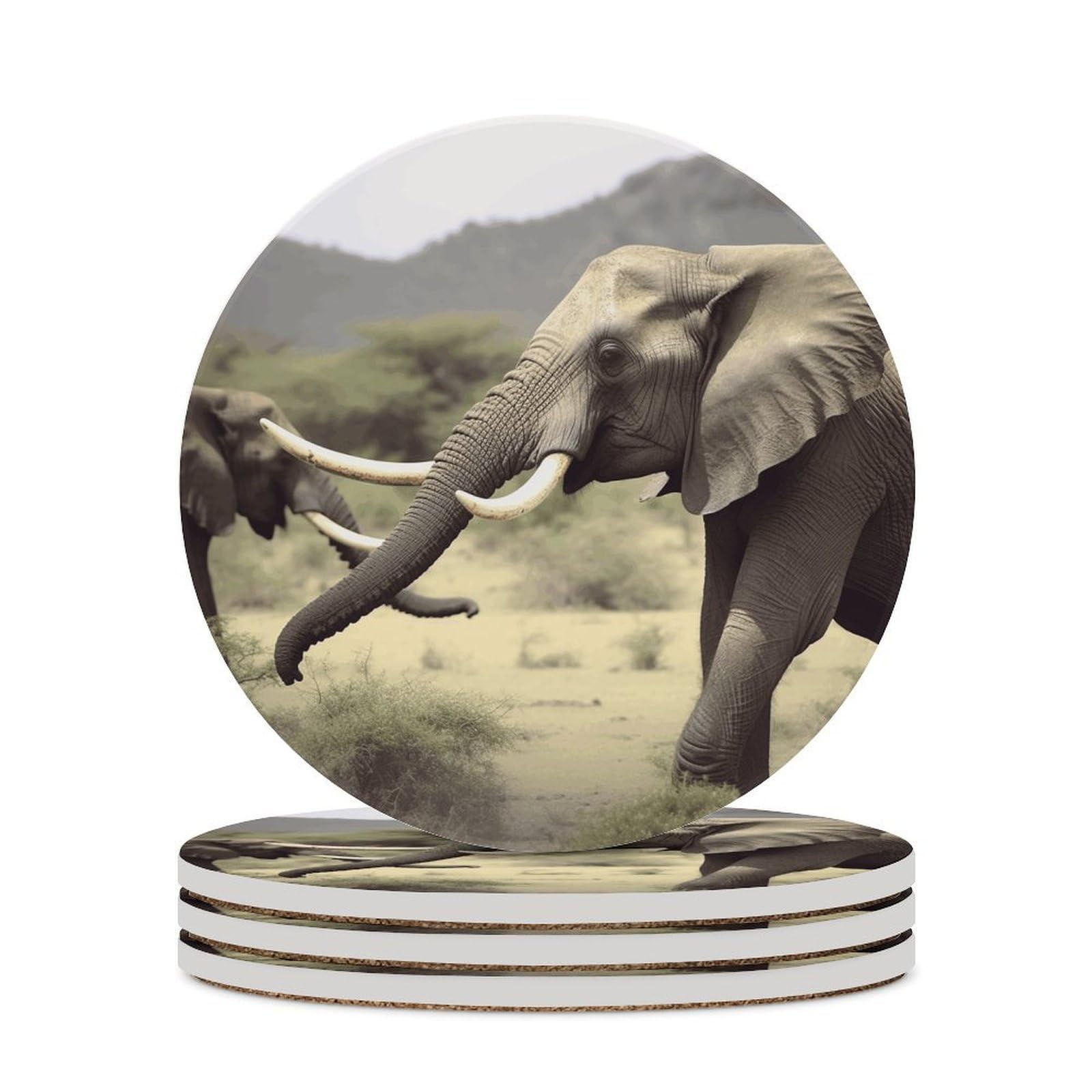 Dessous de verre en céramique lot de 4 avec liège antidérapant et motif éléphant 10,2 cm