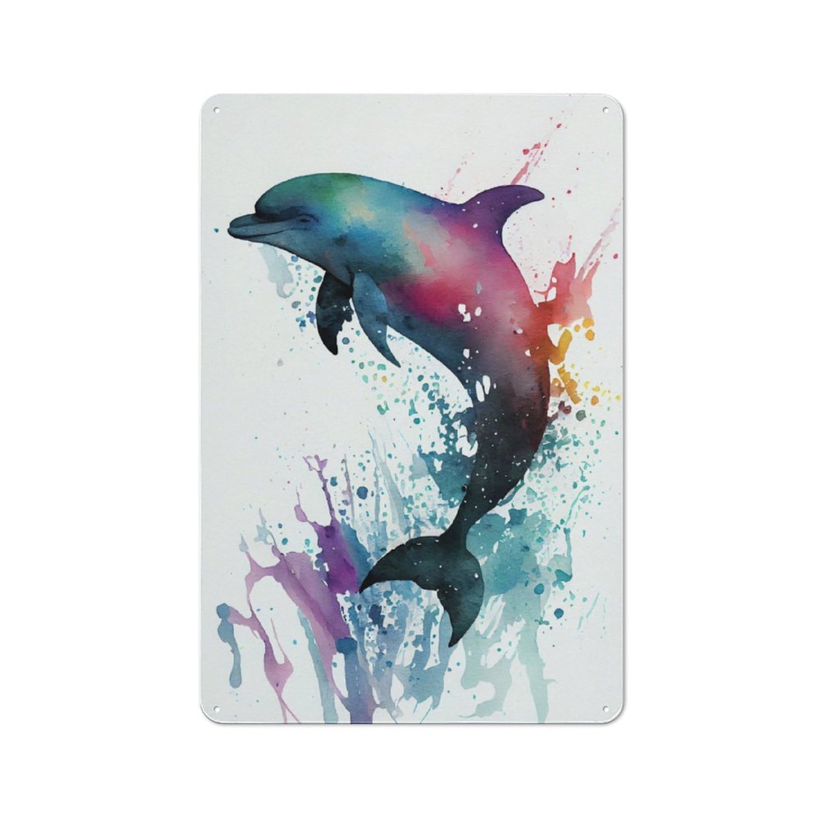 Junmoney Dolphin Watercolor Retro Metal Wall Sign 30X20cm With For Home Bar Wall, A Housewarming Gift For Hosts Who Enjoy Retro Interiors