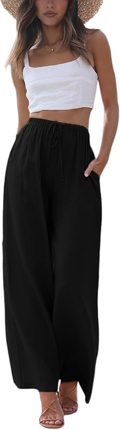 Faleave Women's Cotton Linen Summer Palazzo Pants Flowy Wide Leg Beach Trousers with Pockets