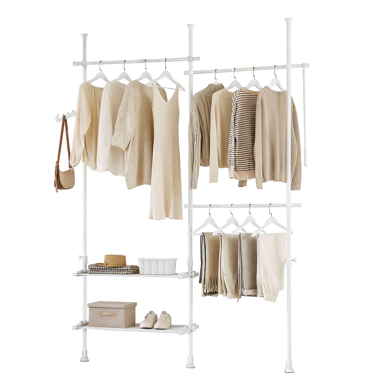 SoBuy Telescopic Clothes Rail, Heavy Duty Clothes Rack, Adjustable Open Wardrobe with Hanging Rails & Shelves for Bedroom, Walk-in Closet White FRG34-II-W