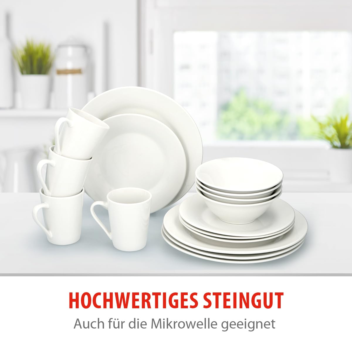 alpina Geschirrset für 4 Personen - Teller- und Schüssel Set - Steingut Geschirr Set - Speiseteller, Dessertteller, Schüsseln und Becher - Mikrowellen- und Spülmaschinenfest - Weiß