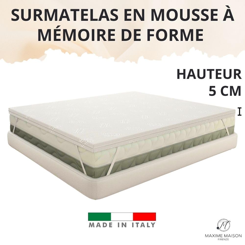 MAXIME MAISON - Surmatelas 180x190 (Hauteur 5 cm) en Memoire de Forme pour Matelas 2 Personne Fabriqué en Italie – du cœur de l'Italie à Votre Lit: Le Surmatelas Qui Promet de Beaux Rêves
