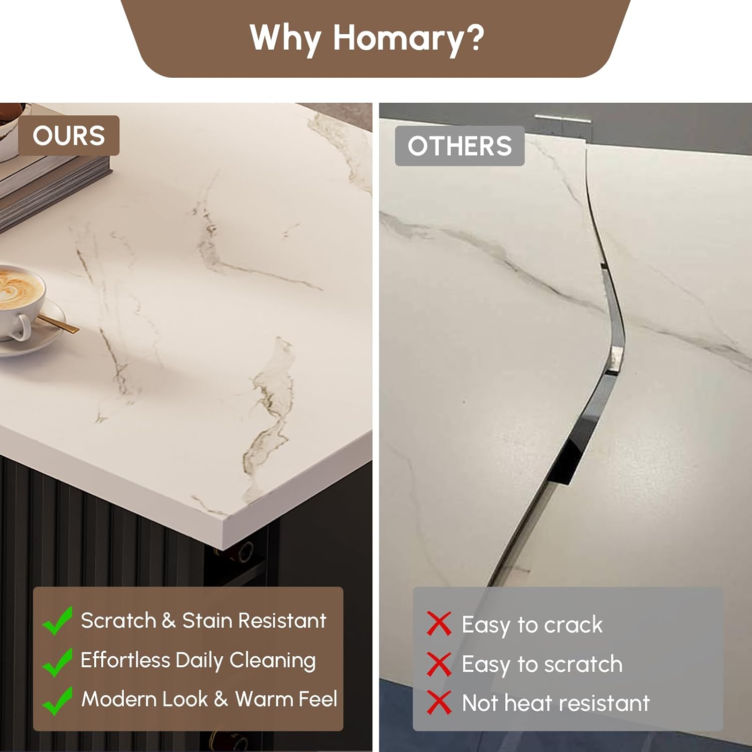 Comparison of countertop quality, highlighting scratch and stain resistance of Homary's product.