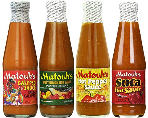Matouks Hot Sauce Variety-4pk 10 OZ (WEST INDIA HOT SAUCE 10 OZ/CALYPSO HOT SAUCE 10 OZ/SOCA HOT SAUCE 10 OZ/HOT PEPPER SAUCE 10 OZ)