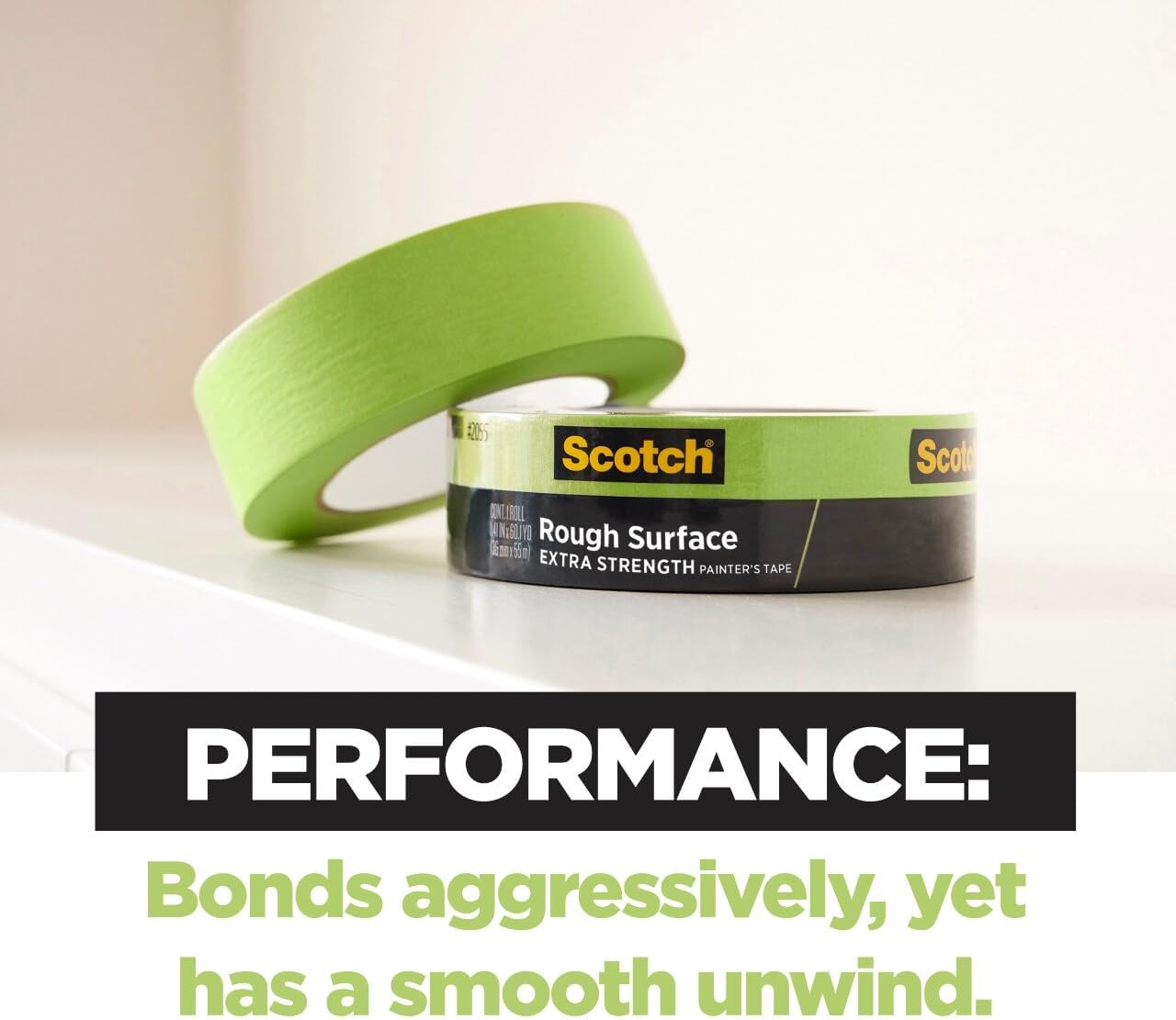 Scotch Rough Surface Extra Strength Painters Tape, 1.5 Inch Wide (1.41 in. X 60 Yds) 1 Roll, Green Tape Protects Surfaces and Removes Easily, Painting Tapes for Indoor and Outdoor Use (2060-36AP)