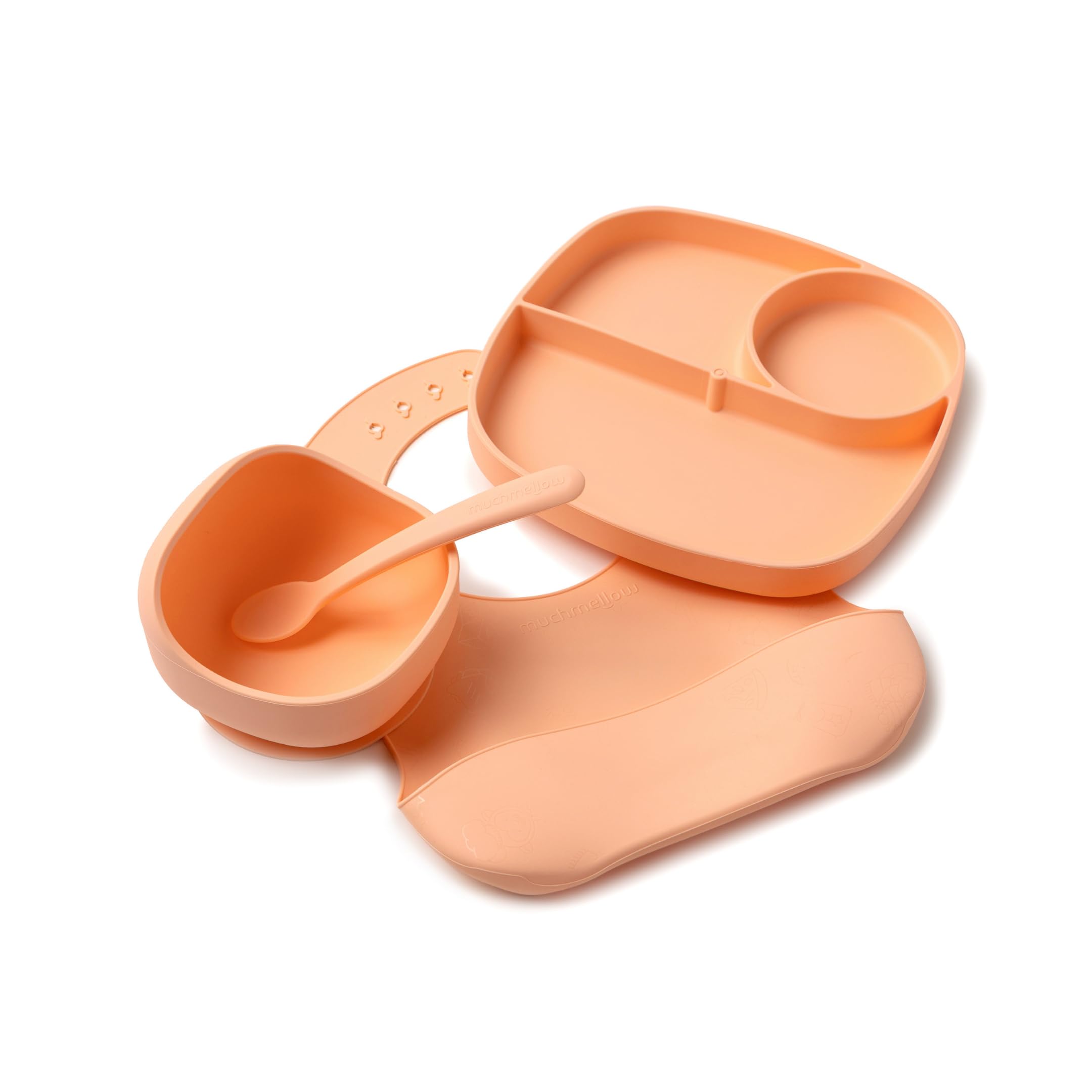 Muchmellow – Set de Alimentación de 4 Piezas, Made in Italy, Plato con Ventosa, Bol, Cuchara, Babero Ajustable, sin Plástico, sin BPA, Lavavajillas (Melocotón)