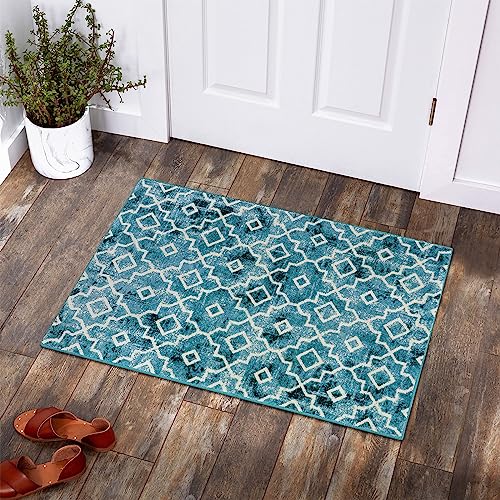Moynesa Washable Moroccan Area Rug - 2x3 Teal Small Kitchen Sink Rug Non-Slip Doormat Modern Geometric Faux Wool Distressed Low-Pile Floor Carpet for Indoor Entrance Laundry Bathroom Bedroom