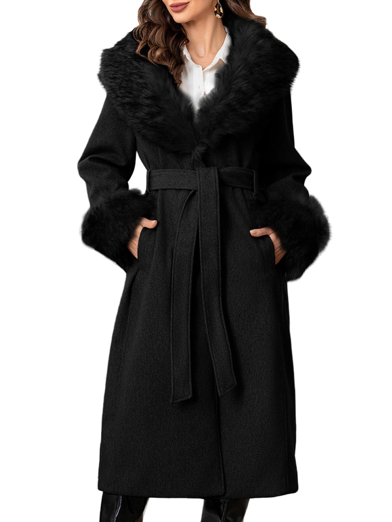 Bellivera Womens Fall Winter Coat Elegant Notched Lapel Single Breasted Trench Coat with Detachable Faux Fur Collar