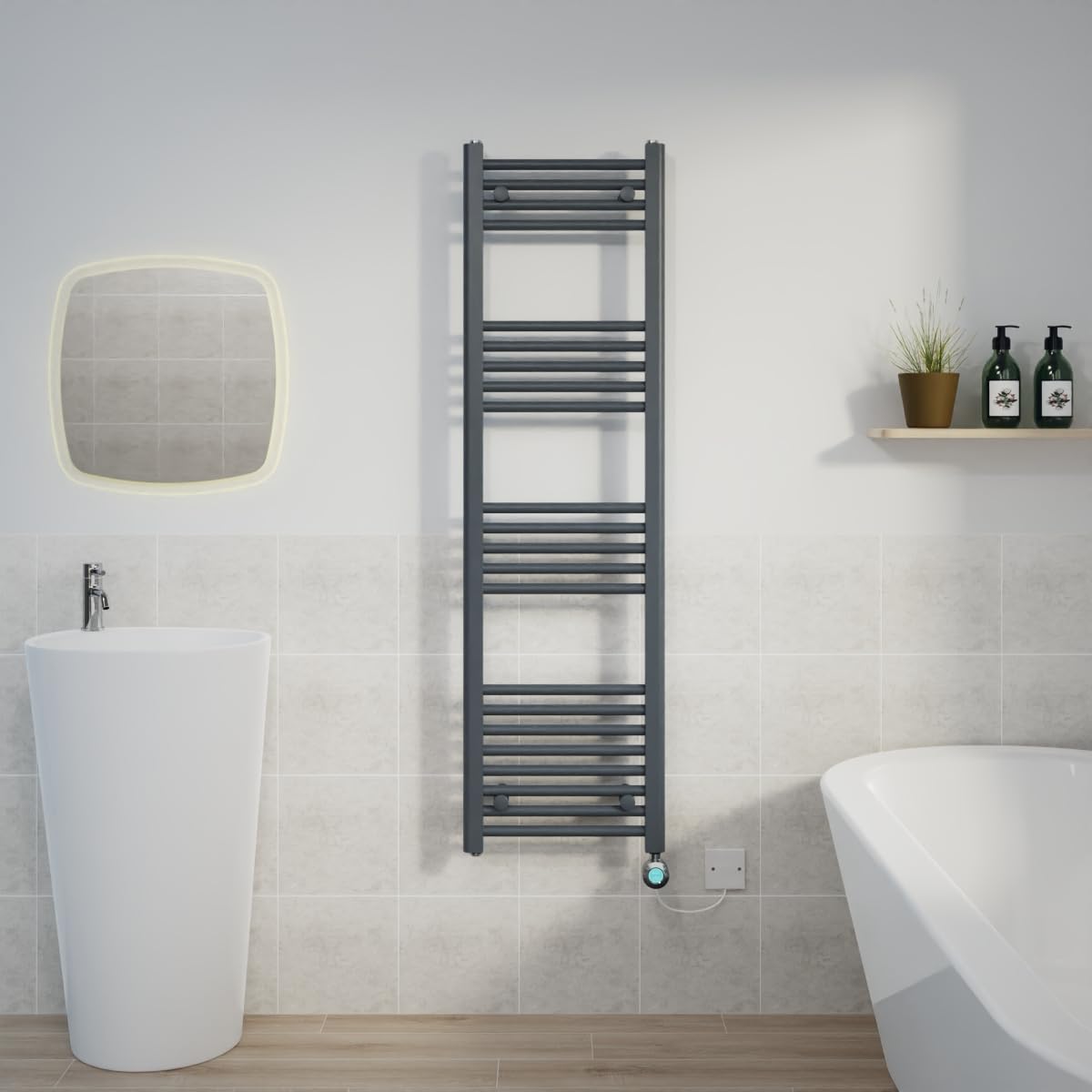 Warmehaus Prefilled 1400x400mm Straight Electric Heated Towel Rail with Timer Thermostatic Bathroom Radiator Anthracite - 800W(Chrome Heating Element)