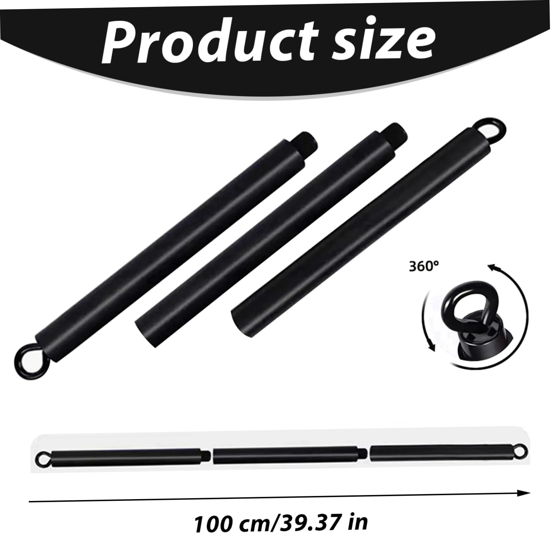 Pilates Bar, abnehmbare 3 -Abschnitt 39 -Zoll -Pilates -Stick, Schwarze Spreizstange mit 360 ° Drehschleifenende, Ausrüstung für Heimtraining, Fitnessstudio