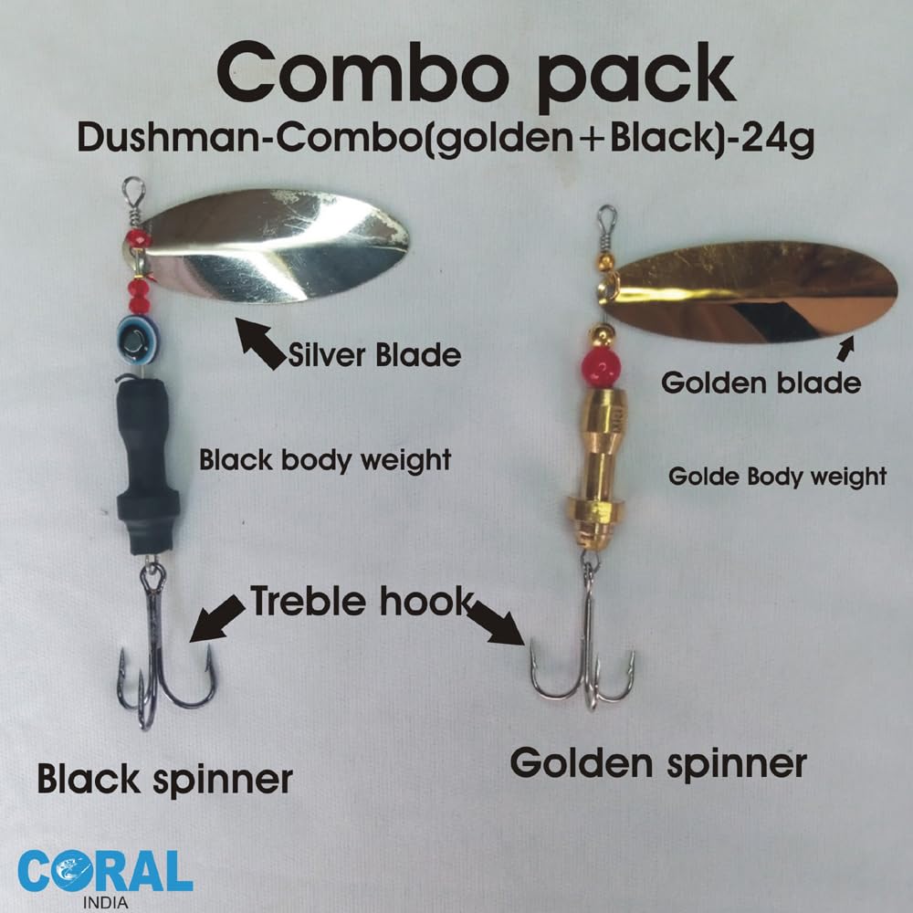 Brand CORAL INDIA: Dushman-Combo 24g - Premium Brass Body Fishing Spinner Lure (Black+Golden), Heavy-Duty Treble Hook 2