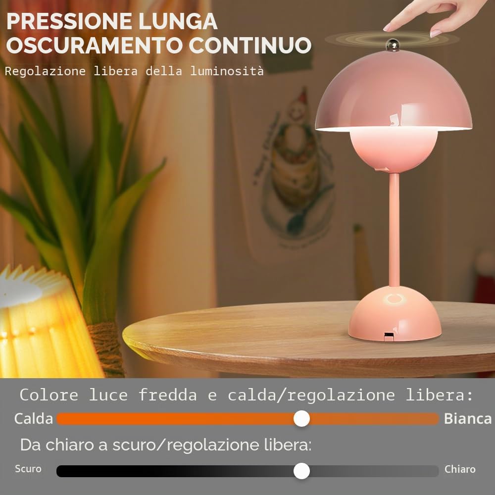 Flowerpot - Lampada a forma di fungo, senza fili con 3 colori chiari, touch screen, ricarica USB, lampada da tavolo Flowerpot per camera da letto, ufficio, bar (rosa)