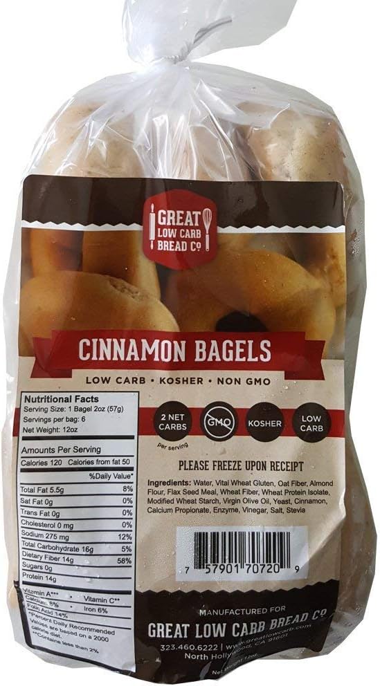 Cinnamon Bagels, Great Low Carb Bread Company, Low Carb Bagels, Keto-Friendly Bread, 6 Bagels per bag