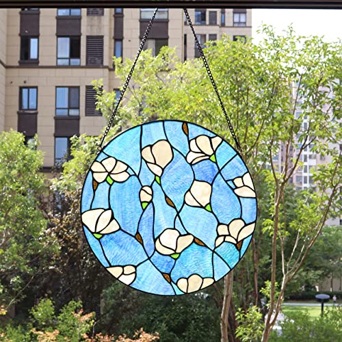 Bieye W10063 Magnolia Flower Tiffany Style Stained Glass Window Panel with Chain, Round Shape, 16-inch Wide