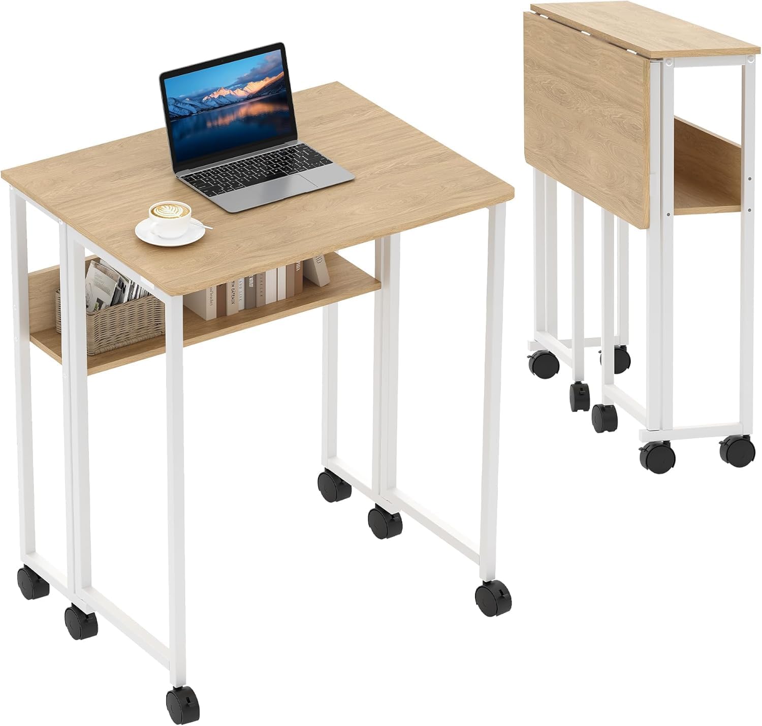 Aptliton 63cm Folding Desk with Storage Shelf, Space Saving Computer Desk, Foldable Writing Table on Wheels, Writing Study Desk, Easy Assembly, for Home Office Small Space