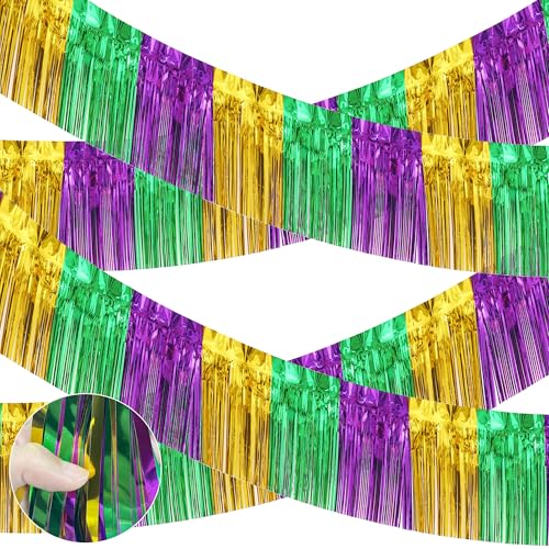 8 Pack 79Ft Foil Fringe Garland Mardi Gras Float Fringe Curtains Tassel Foil Float Parade Float Decorations for Trailer Car Graduation Mardi Gras Homecoming Party(Green Gold Purple)