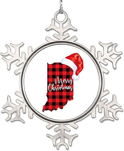 Indiana - Adornos de copo de nieve de búfalo a cuadros, sombrero de Navidad, adornos de Navidad personalizados 2022, adorno de estado del hogar para